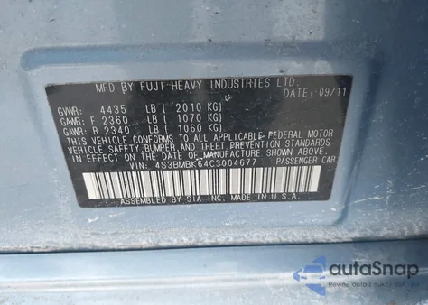 2012 Subaru Legacy 2.5I Limited из США, поврежденный, VIN 4S3BMBK64C3004677